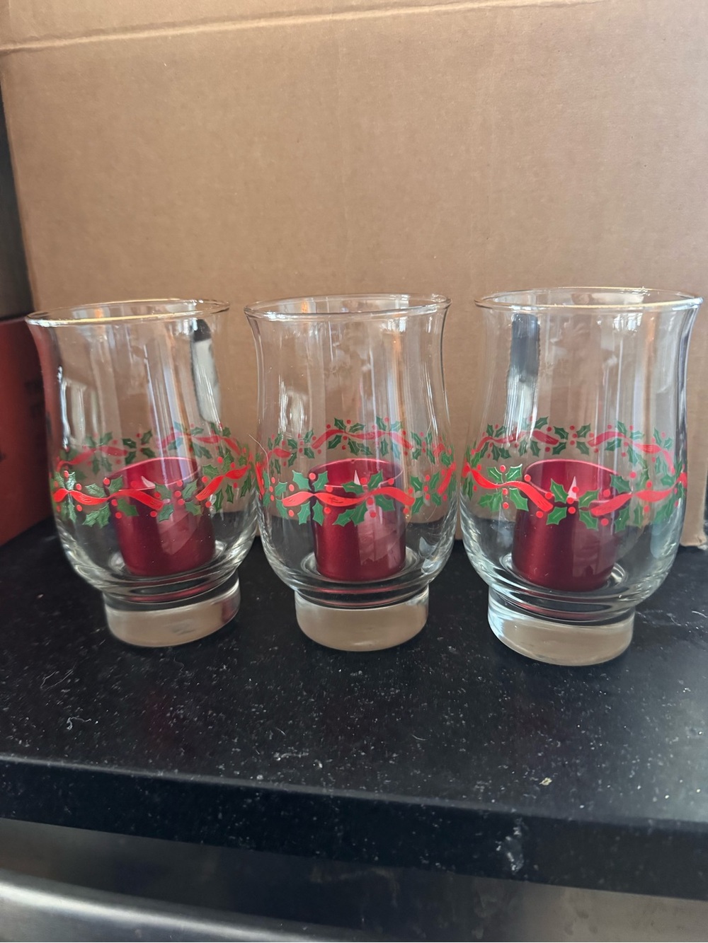 Clear Glass Candle Holders with Red and Green Holly Band